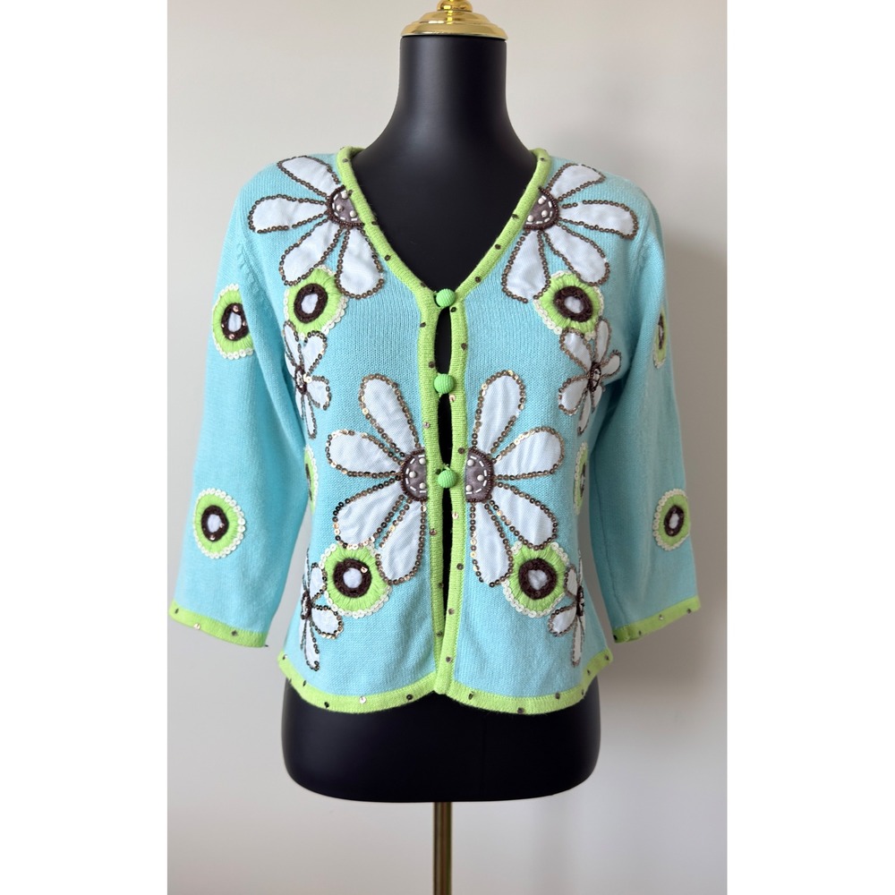 Design Options Philip & Jane Gordon Blue Floral Sequin Cardigan Sweater S